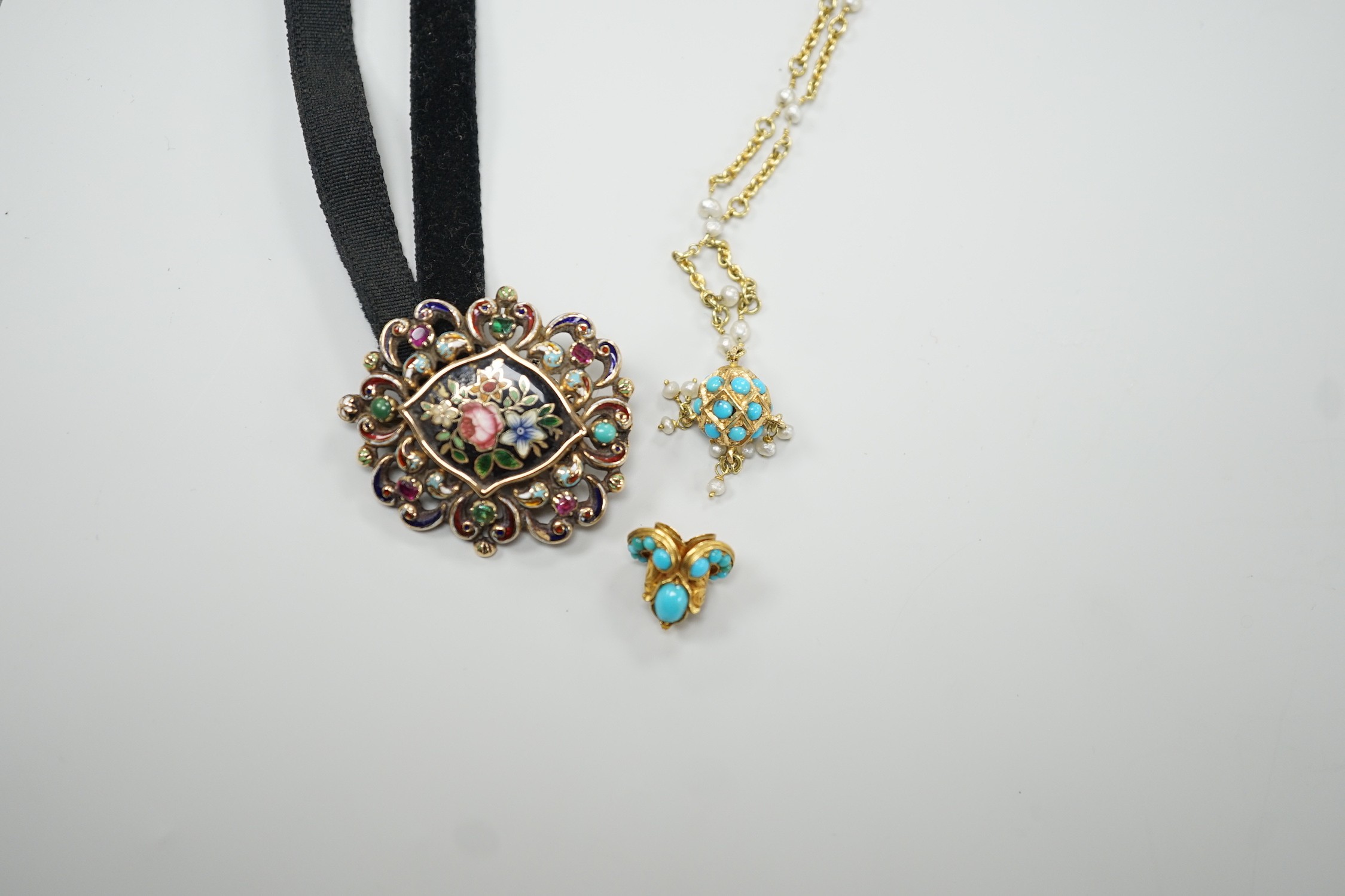 A Victorian yellow metal, enamel and gem set brooch, 37mm, with black sash, together with a yellow metal, turquoise and seed pearl set pendant necklace and a yellow metal and turquoise set small pendant on a damaged 9ct